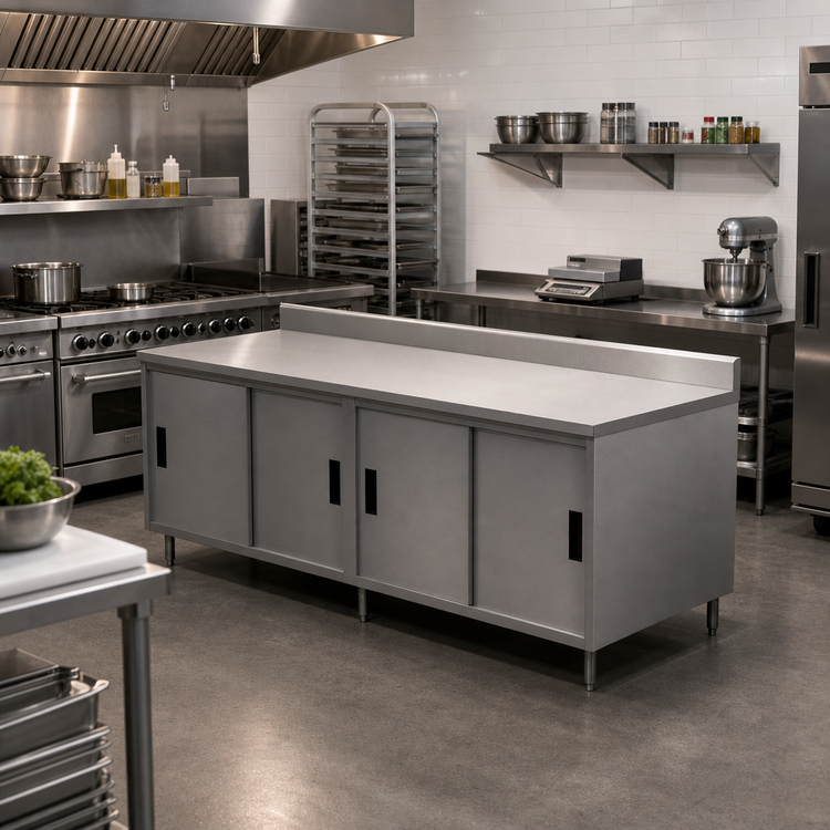 Product image #2 for BK Resources Stainless Steel Chef Table with Cabinet Base, 84 x 30-Inch, 5-Inch Backsplash