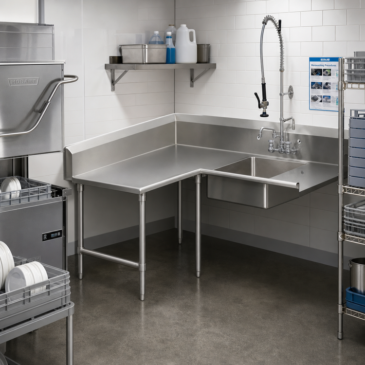Product image #2 for John Boos Pro-Bowl Corner L-Shaped Soiled Dishtable with 20" x 20" x 8" Pre-Rinse Sink Bowl, 60" Machine x 84" Corner, Left-to-Right
