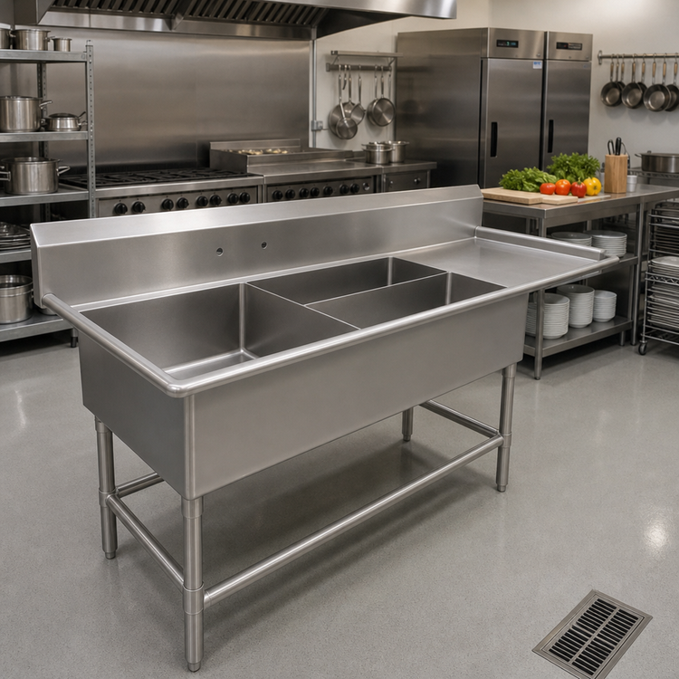 Product image #2 for Pro-Bowl 3-Compartment Platter Sink with Right-Hand Drainboard, 84-3/16"W x 29-1/2"D x 43"H, 16-Gauge 300 Series Stainless Steel