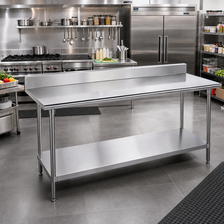 Product image #2 for Advance Tabco 120" x 30" 430 Stainless Steel Work Table with 5" Backsplash and Adjustable Undershelf