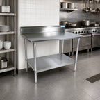 Thumbnail image #2 for BK Resources VTTR5-3030 30" x 30" Corner Stainless Steel Work Table, 18-Gauge T-430 Top, 5" Backsplash, Galvanized Undershelf