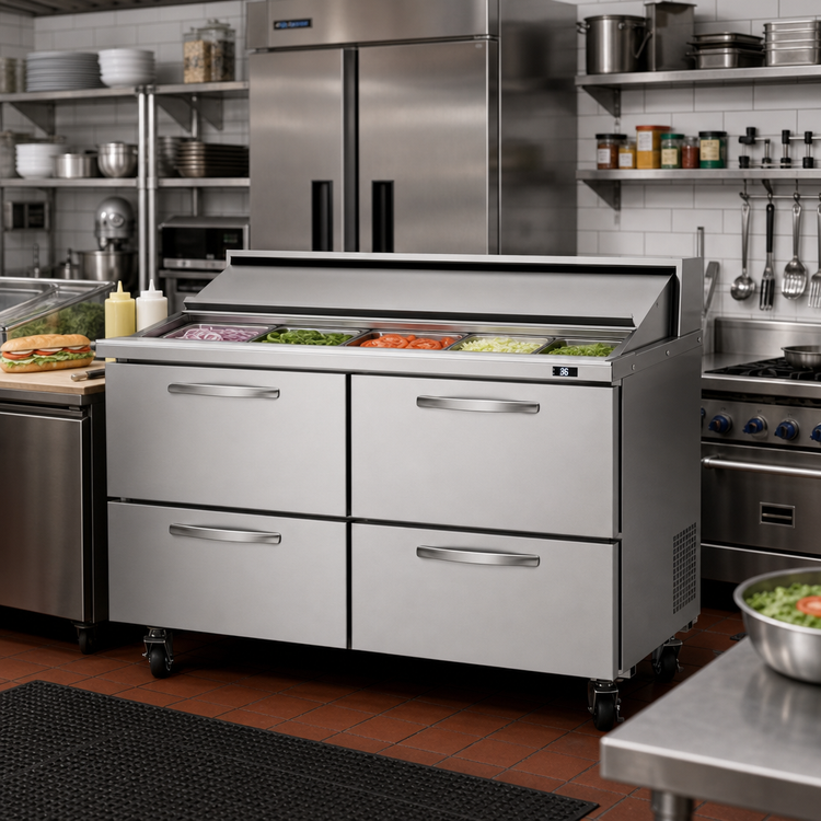 Product image #2 for Turbo Air PRO Series 60-Inch Two-Section Sandwich/Salad Prep Table with 4 Drawers, Rear-Mount Self-Contained Refrigeration, 16 Cu. Ft.