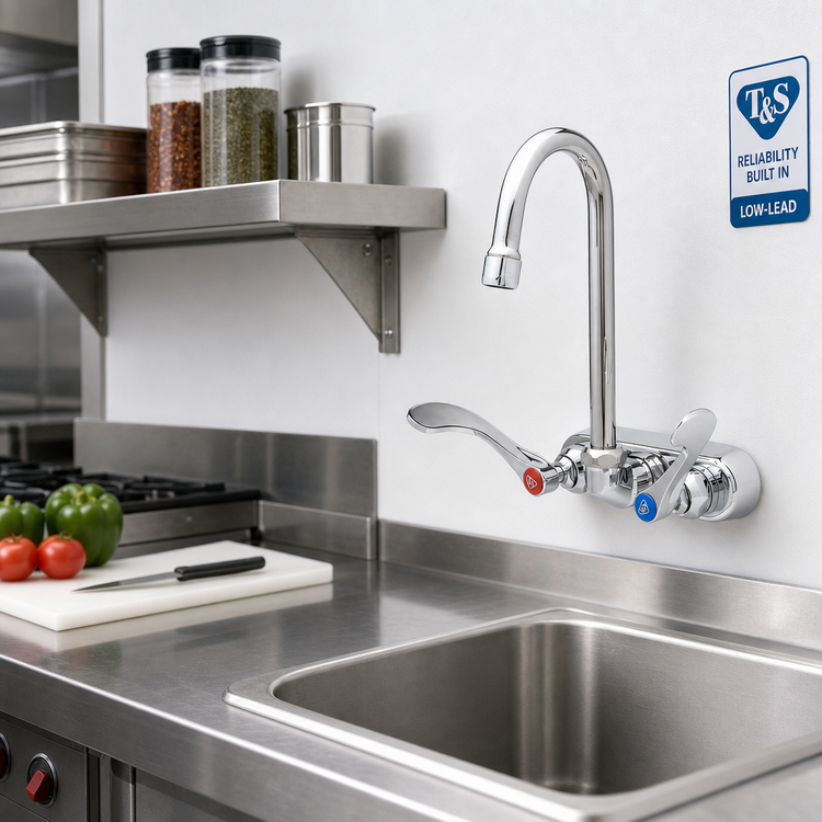 Product image #2 for T&S Brass 4" Wall Mount Workboard Mixing Faucet with Swivel Gooseneck, 2.2 GPM, Low-Lead