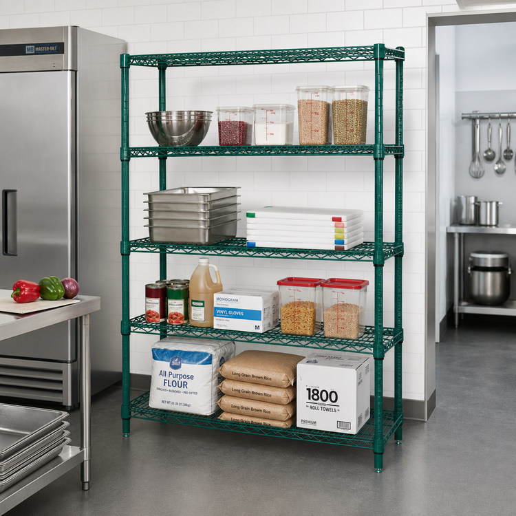 Product image #2 for Quantum Stationary Wire Shelving Starter Kit, 72W x 14D x 74H, 5 Shelves, Green Epoxy