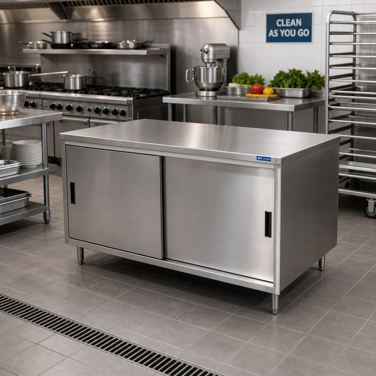 Product image #2 for BK Resources Dual Access Chef Table Cabinet Base Enclosed Work Table with Sliding Doors on Both Sides, 48 x 30 x 34-3/4 Inches, 304 Stainless Steel