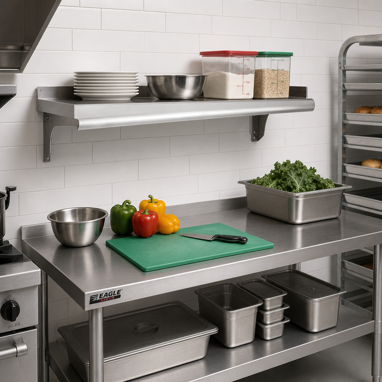 Product image #2 for Eagle Snap-n-Slide Wall-Mounted Shelf, 36 x 15 Inches, Rolled Front Edge, 16/430 Stainless Steel
