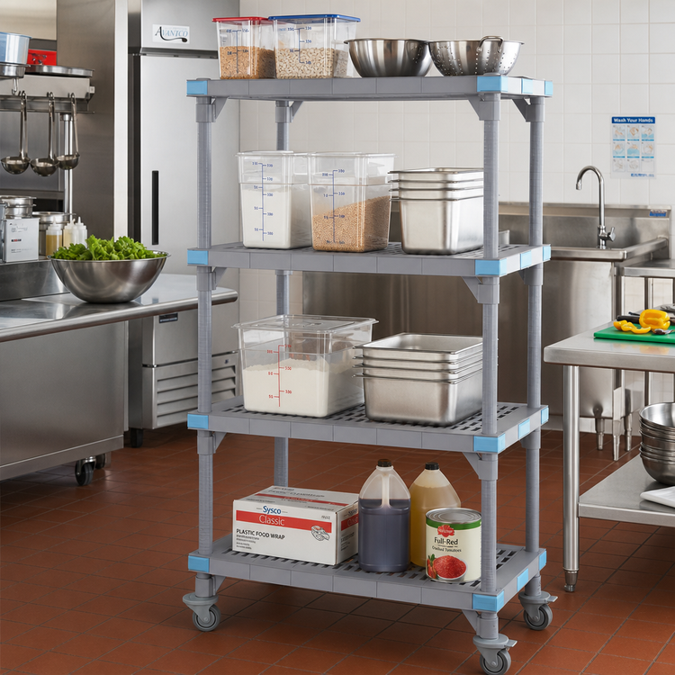 Product image #2 for Quantum Millenia Mobile Polymer Shelving Starter Unit with 4 Open Grid Shelves, 24W x 21D x 74H, Gray