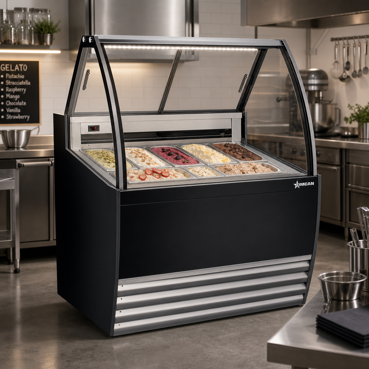 Product image #2 for Omcan 41-Inch Black 7-Pan Gelato Display Showcase with Curved Glass, LED Lighting, and Sliding Rear Doors