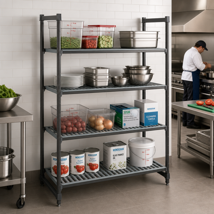 Product image #2 for Cambro Camshelving Basics Plus 4-Tier Stationary Polymer Shelving Starter Unit, 21-Inch Deep x 60-Inch Wide x 64-Inch High, Brushed Graphite