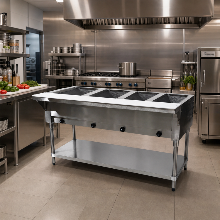 Product image #2 for Triumph Supreme 4-Well Open-Well Propane Gas Hot Food Table with Stainless Steel Top and Cutting Board Shelf
