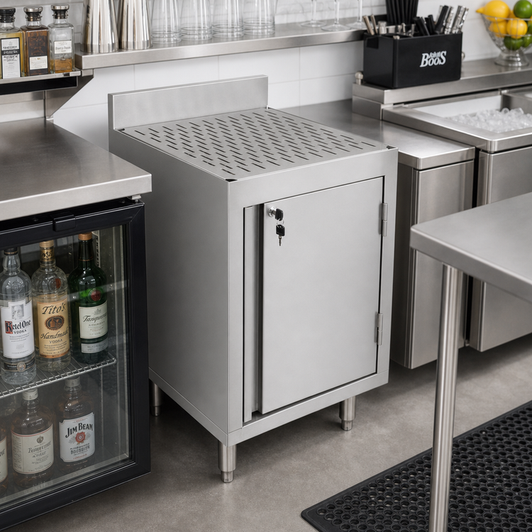 Product image #2 for John Boos Stainless Steel Underbar Freestanding Storage Cabinet with Drainboard, Backsplash, and Right-Hinged Locking Door