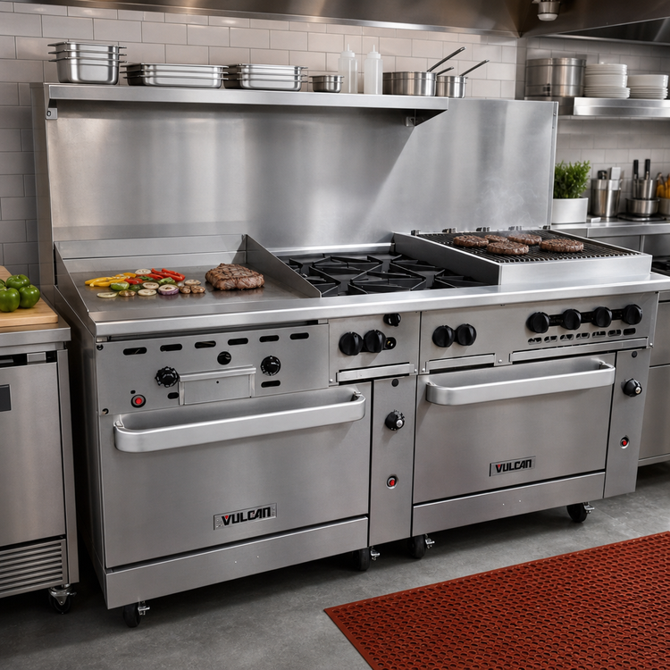 Product image #2 for Vulcan Endurance 72-Inch Gas Restaurant Range with 24-Inch Manual Griddle, 4 Open Burners, 24-Inch Charbroiler, and 2 Standard Ovens