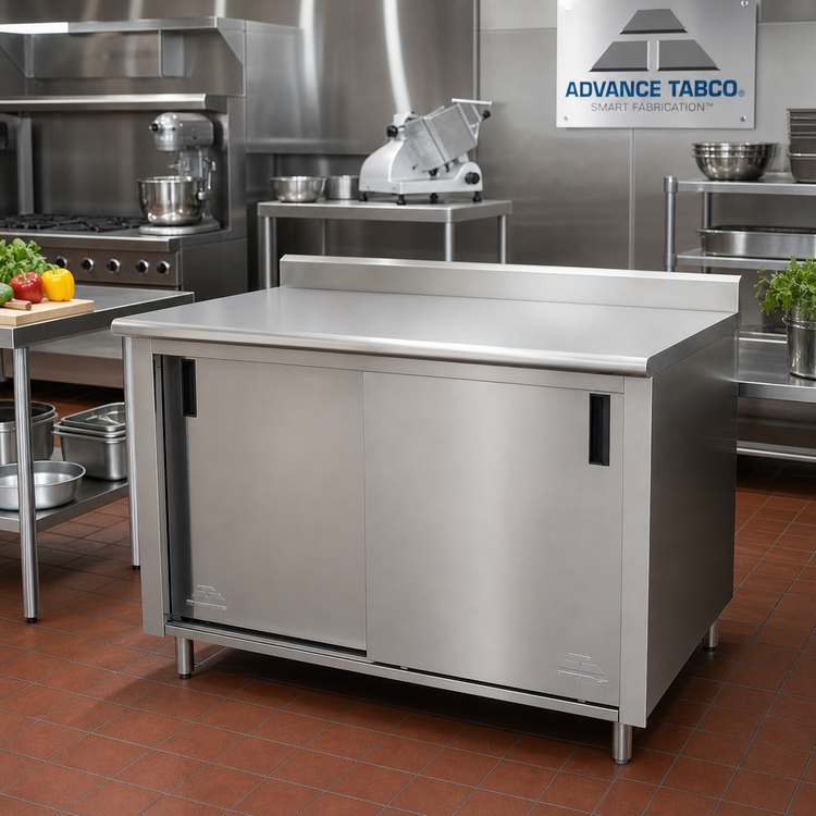 Product image #2 for Advance Tabco 60" x 36" Enclosed Work Table with 14-Gauge 304 Stainless Steel Top, Cabinet Base, Mid-Shelf, Sliding Doors, and 1-1/2" Rear Up-Turn