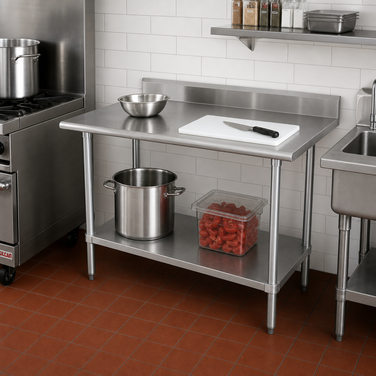 Product image #2 for Advance Tabco Special Value Series 30 Inch x 30 Inch Corner Work Table with 5 Inch Backsplash
