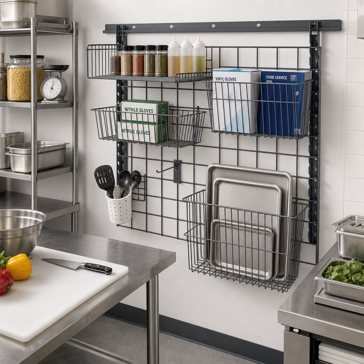 Product image #2 for Quantum Store Grid Medium-Duty Wall-Mounted Shelving Starter Kit with Shelves, Baskets, and Hooks