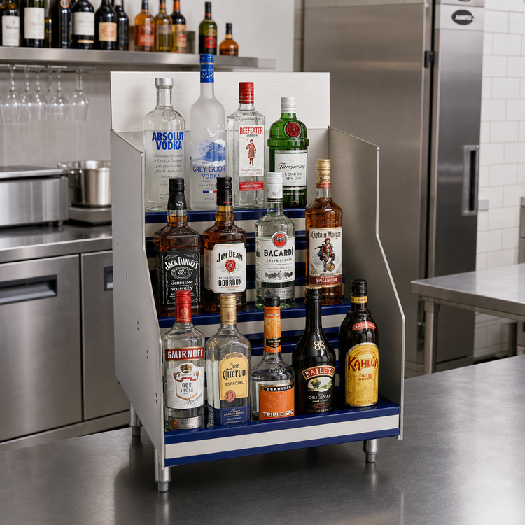 Product image #2 for Advance Tabco Prestige 12-Inch Wide 5-Step Freestanding Stainless Steel Liquor Bottle Display Cabinet