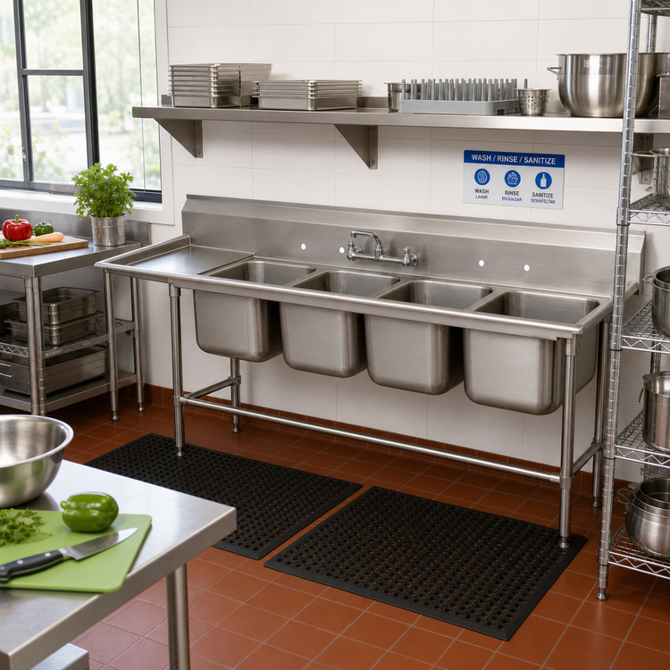 Product image #2 for Advance Tabco Regaline 4-Compartment Sink with 24-Inch Left-Hand Drainboard, 20 x 28-Inch Bowls, 14-Gauge 304 Stainless Steel