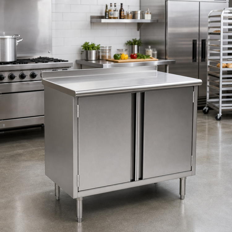 Product image #2 for Spec-Master 60 Inch x 30 Inch 14 Gauge 304 Stainless Steel Enclosed Work Table with Cabinet Base and Hinged Doors