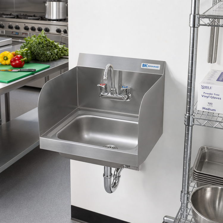 Product image #2 for BK Resources 14" x 10" Wall-Mount Hand Sink with Dual Side Splashes and Basket Drain