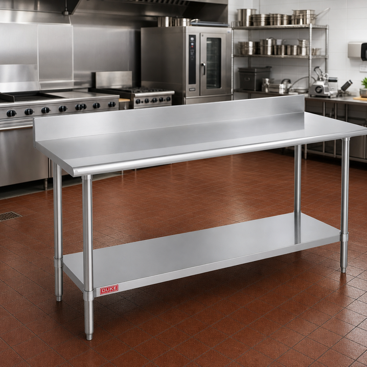 Product image #2 for Duke Supreme 14-Gauge Stainless Steel Work Table with 5-Inch Riser and Stainless Undershelf, 36-Inch Deep x 144-Inch Long