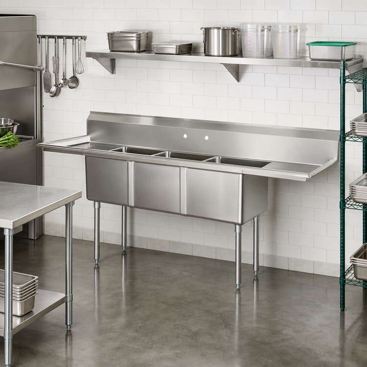 Product image #2 for Omcan USA Three-Compartment Pot Sink with Left & Right Drainboards, 304 Stainless Steel