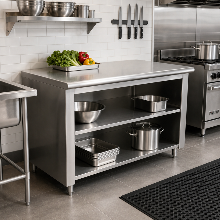 Product image #2 for Advance Tabco 84-Inch x 30-Inch 14-Gauge 304 Stainless Steel Work Table with Open Front Cabinet Base and Mid-Shelf