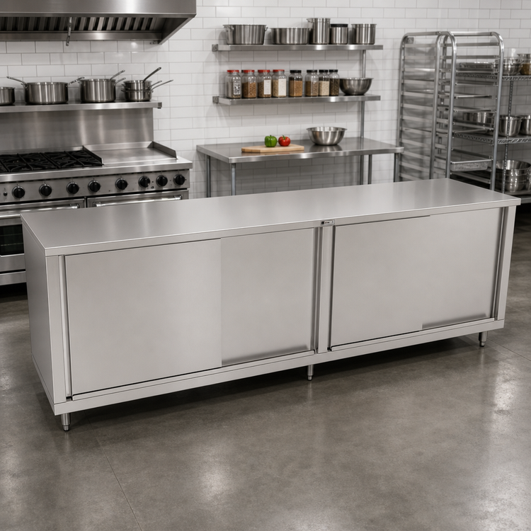 Product image #2 for John Boos 132-Inch x 24-Inch Stainless Steel Cabinet Base Work Table with Sliding Doors