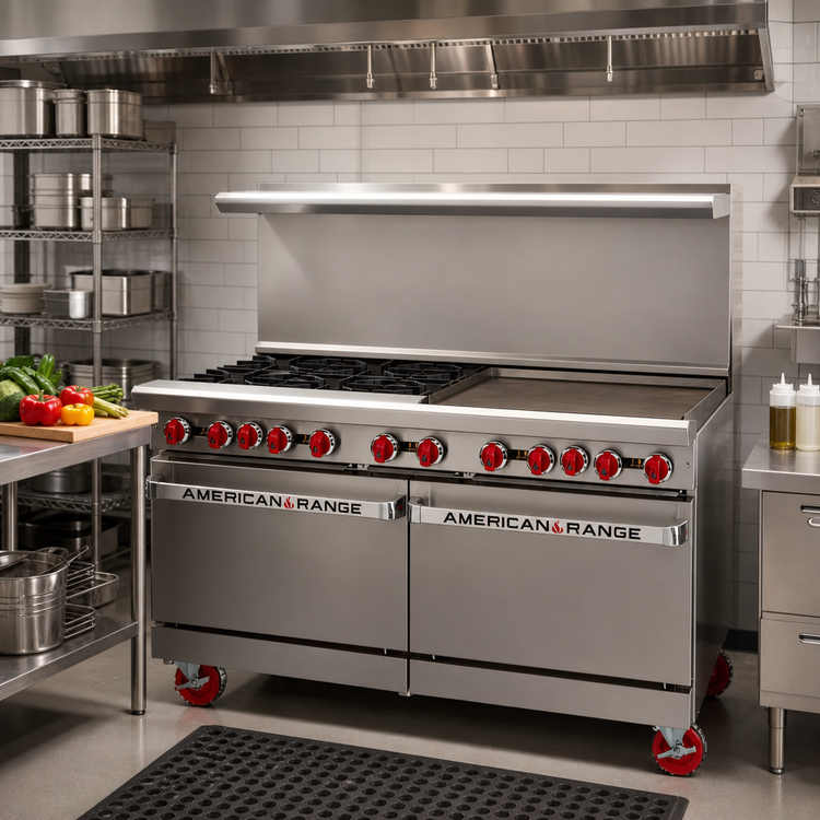 Product image #2 for American Range 60-Inch Commercial Gas Range with 24-Inch Griddle, Six Open Burners, Standard Oven, and Storage Base