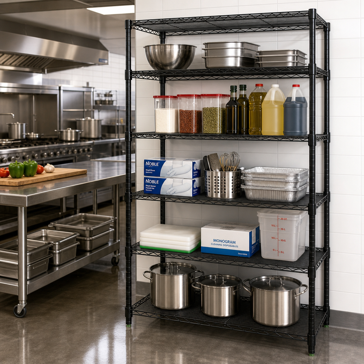 Product image #2 for Quantum Black Epoxy Stationary Wire Shelving Starter Kit, 60 x 30 x 54 Inches, 5 Shelves