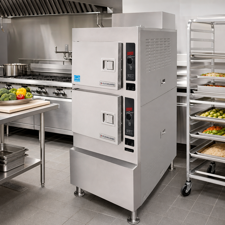 Product image #2 for Cleveland SteamCraft Gemini 6 Short Series Pressureless 2-Compartment Gas Commercial Steamer
