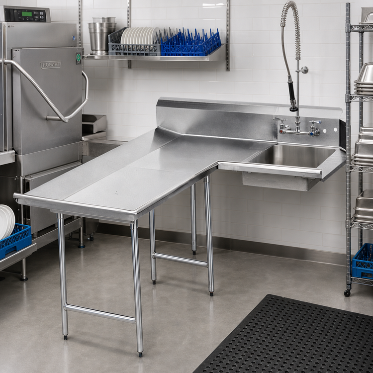 Product image #2 for Advance Tabco L-Shaped Left-Hand Corner Soiled Dish Table with Landing and Pre-Rinse Sink, 47 Inch, 304 Stainless Steel