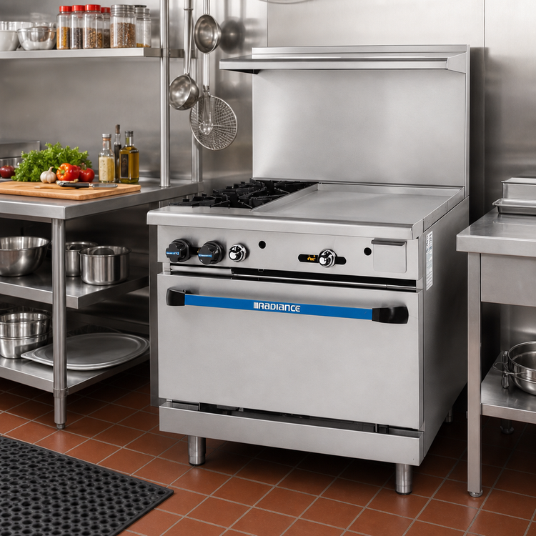 Product image #2 for Heavy Duty 36-Inch Natural Gas Restaurant Range with 2 Open Burners, 24-Inch Right-Side Griddle, and Standard Oven