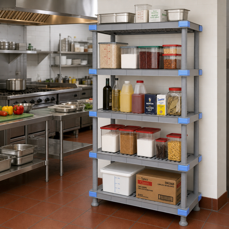 Product image #2 for Quantum Millenia 60"W x 18"D x 62"H Polymer Shelving Unit with 5 Open Grid Shelves and Dunnage Stand
