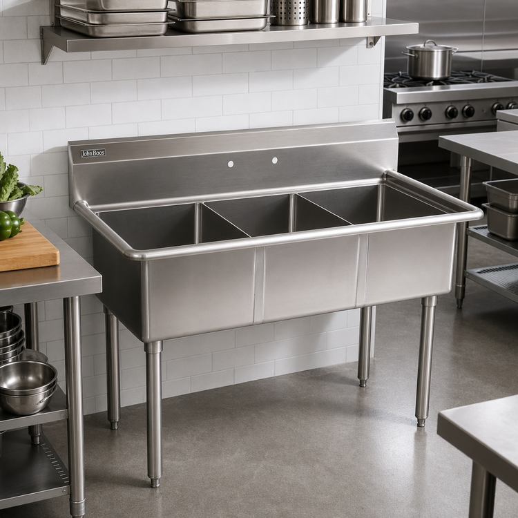 Product image #2 for John Boos E-Series 3-Compartment Stainless Steel Sink with Legs and 9-3/4" Backsplash, 35" W x 19-1/2" D