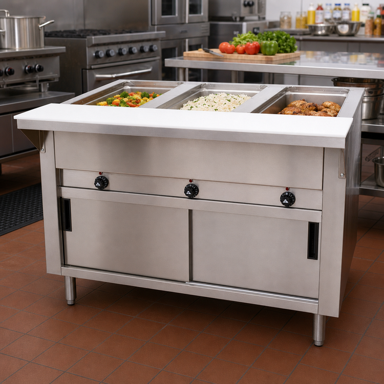 Product image #2 for Advance Tabco Triumph (Supreme) 47-1/8-Inch Electric Hot Food Table with 3 Sealed Wells, Cutting Board, and Sliding Door Base