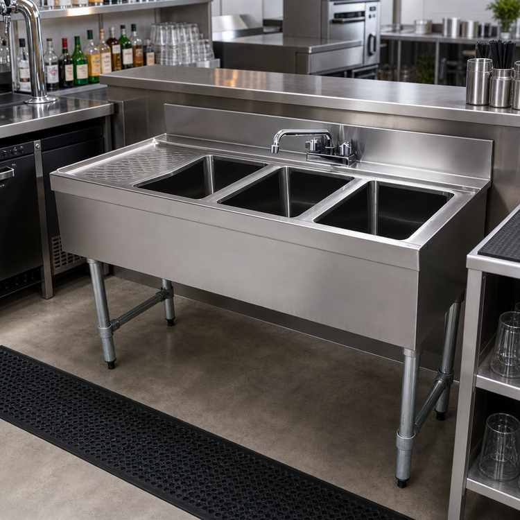Product image #2 for Advance Tabco Underbar Basics 48-Inch 3-Compartment Stainless Steel Bar Sink Unit with Left Drainboard and Deck-Mount Faucet