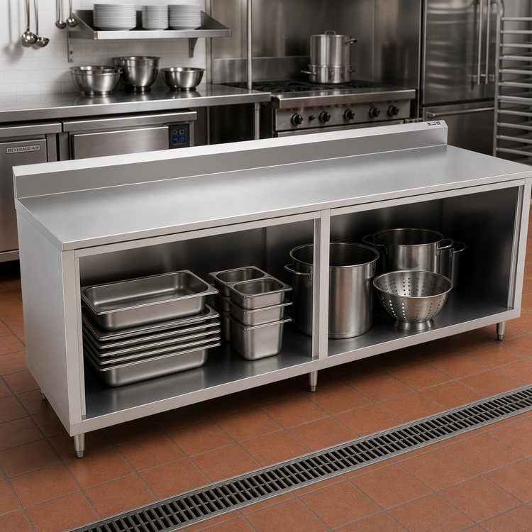 Product image #2 for John Boos 132 Inch x 24 Inch 14 Gauge Stainless Steel Underbar Work Table with Open Front Cabinet Base and 5 Inch Backsplash