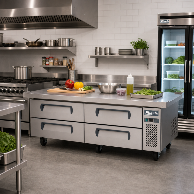 Product image #2 for Migali Competitor Series® Two-Section Refrigerated Equipment Stand / Chef Base with 4 Drawers, 76 Inch Wide, Self-Contained Side-Mounted Refrigeration