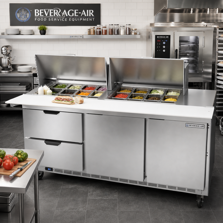 Product image #3 for Beverage-Air 72-Inch Three-Section Mega Top Refrigerated Sandwich Prep Table with 24-Pan Rail, 2 Drawers, and 2 Doors