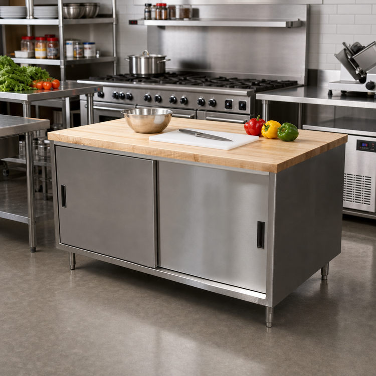 Product image #2 for BK Resources CMT-3648S Chef Table with Hard Maple Top and Cabinet Base with Sliding Doors, 48 x 36 Inch