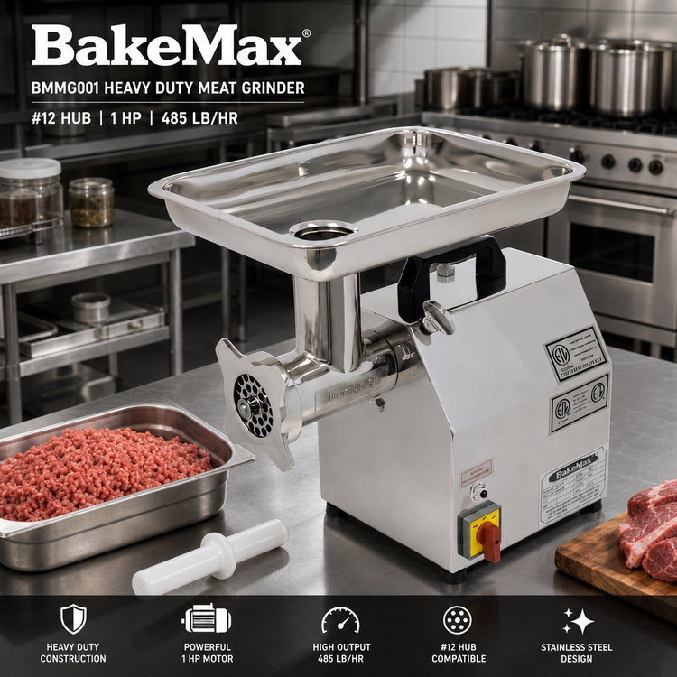 Product image #2 for BakeMax BMMG001 Heavy Duty Stainless Steel Countertop Meat Grinder, #12 Hub, 1 HP, 485 lb/hr
