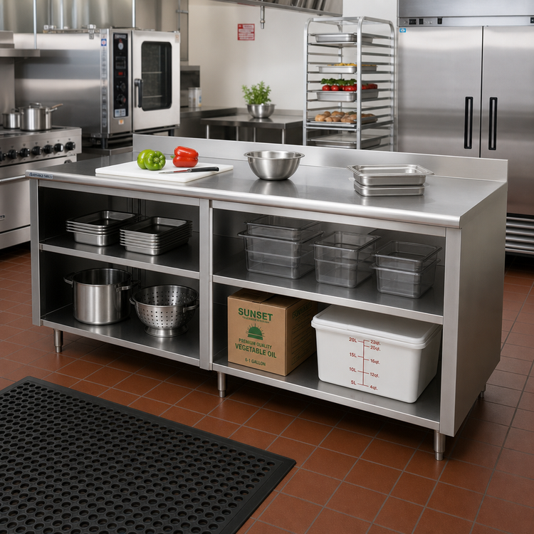 Product image #2 for Advance Tabco Special Value Series 108-Inch x 30-Inch 16-Gauge 304 Stainless Steel Open Base Work Table with 5-Inch Backsplash and Mid Shelf