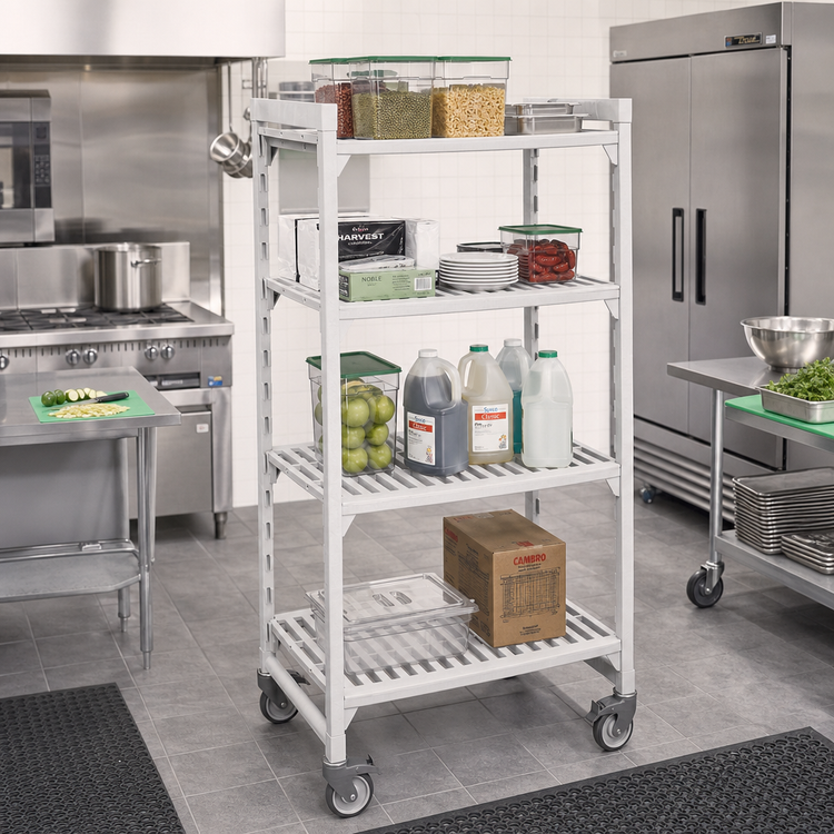 Product image #3 for Cambro Camshelving Premium High Density 4-Shelf Vented Mobile Starter Unit, 24" D x 48" L x 75-1/4" H, Speckled Gray