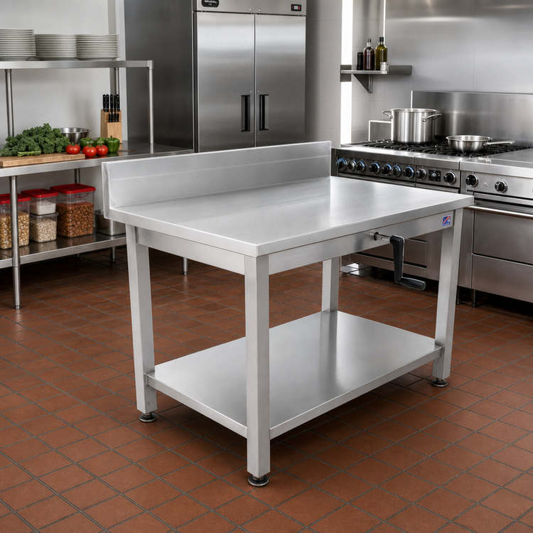 Product image #2 for John Boos ADA Hydraulic Lift Stainless Steel Work Table with 5-Inch Backsplash, 48 x 30 Inches
