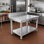 Thumbnail image #2 for John Boos LT6R5-3048SSW-X ADA Hydraulic Lift Stainless Steel Work Table, 48 x 30 Inch, 5-Inch Backsplash, Fixed Undershelf, 32-40 Inch Height