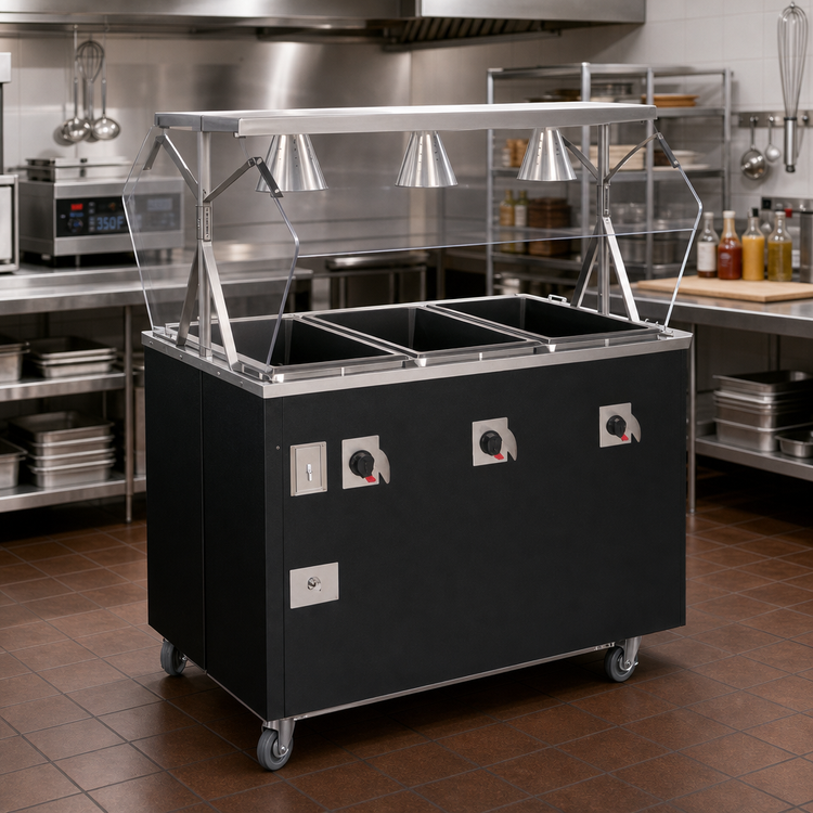 Product image #2 for Vollrath 2-Series Affordable Portable Deluxe 3-Well Mobile Hot Food Station with Buffet-Style Breath Guard and Enclosed Base