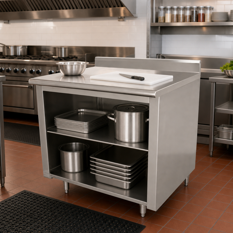 Product image #2 for Advance Tabco 72-Inch x 24-Inch 14-Gauge 304 Stainless Steel Work Table with Open Front Cabinet Base, Mid-Shelf, and 5-Inch Backsplash