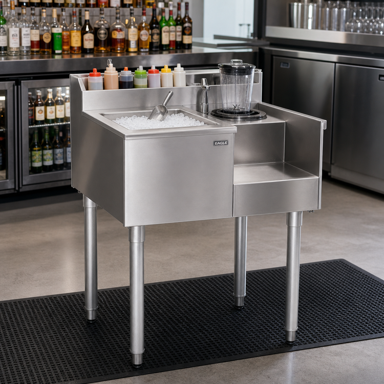 Product image #2 for Eagle Group 1800 Series 50-Inch Underbar Ice Bin/Cocktail Station with 8-Bottle Well and Blender Recess