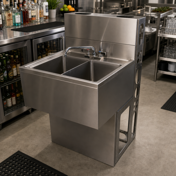 Product image #3 for BK Resources Three-Compartment Stainless Steel Underbar Slimline Sink with Faucet, Basket Drains, and Overflow Tubes