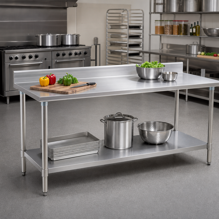 Product image #2 for Deluxe Series Stainless Steel Work Table with 4-1/2" Backsplash and Adjustable Undershelf, 84" W x 30" D